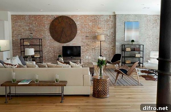 Living room with industrial design and original brick wall