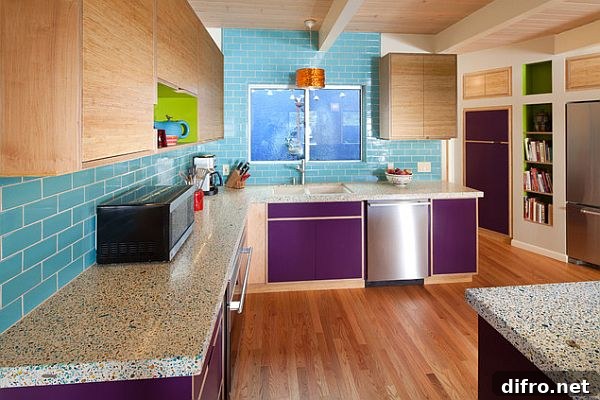 Purple cabinet doors with bright turquoise backsplash