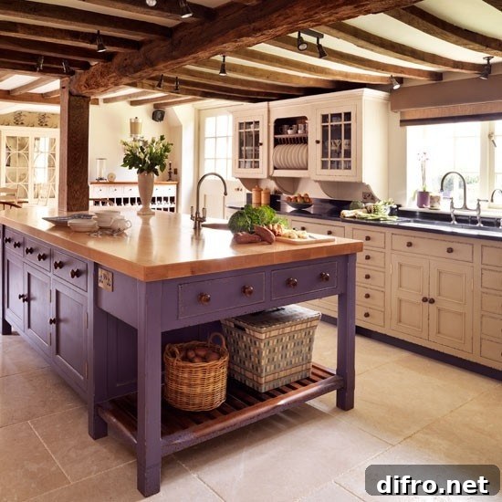 Traditional kitchen island in purple