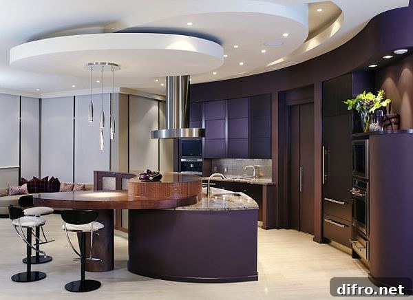 An elegant dark purple kitchen has a certain charm
