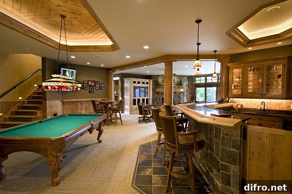Rustic, yet elegant basement as rec room