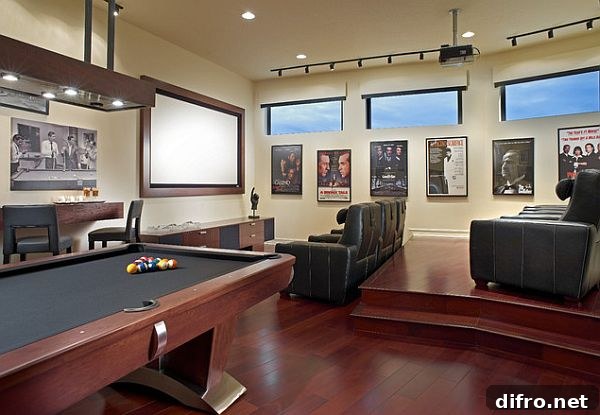 Rec room design with pool table and home theater