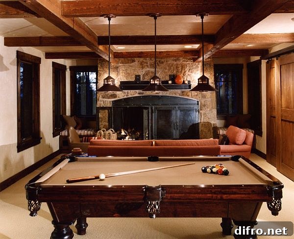 Rustic rec room with pool table