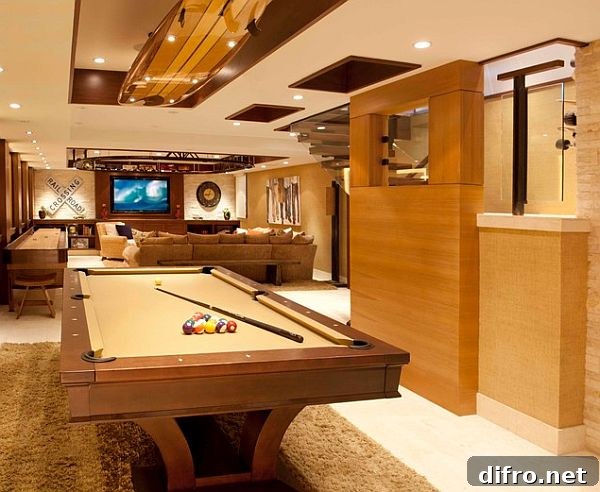 Modern rec room with billiards table