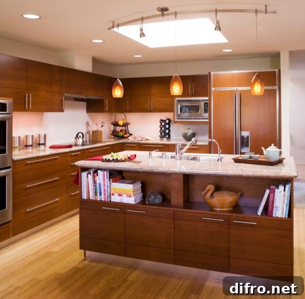 Asian design inspired kitchen with bookshelf at the end of the bar for cookbooks