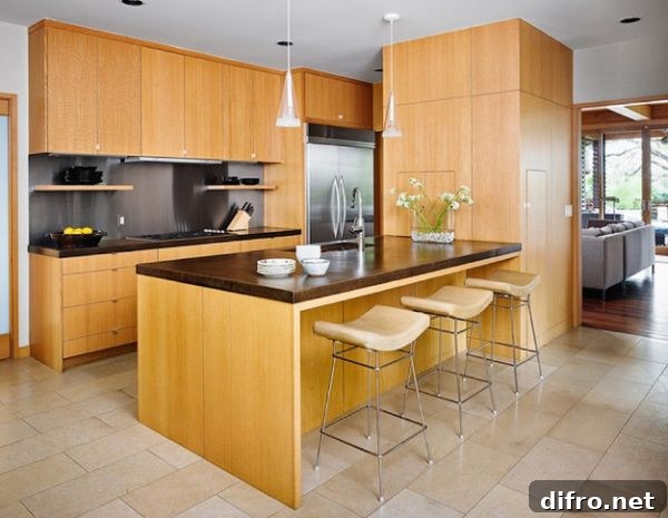 Lovely little Asian kitchen design with rift-sawn white oak cabinetry