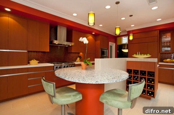 Brilliant Asian kitchen with sleek and organized shelf space lit by stunning pendant lamps