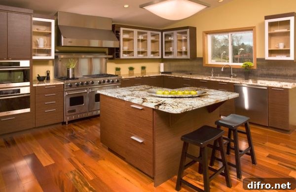 Smart Asian kitchen with horizontal grain wenge cabinets and a couple of skylights