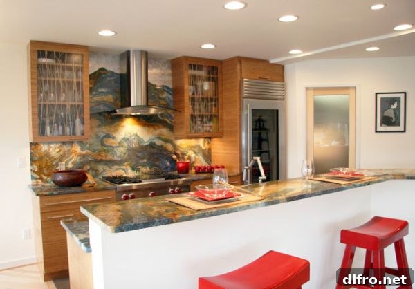 Colorful granite backsplash and countertop along with retro-styled furnishings make up this Asian kitchen