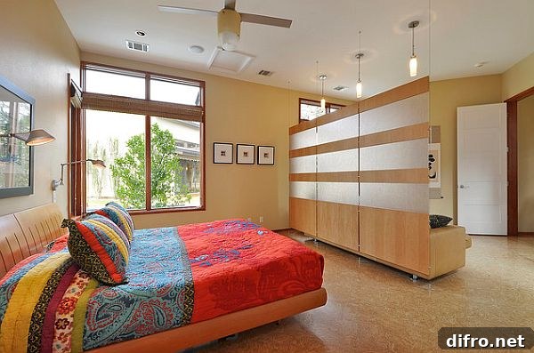 Stylish bedroom divider - wood hanging on cables