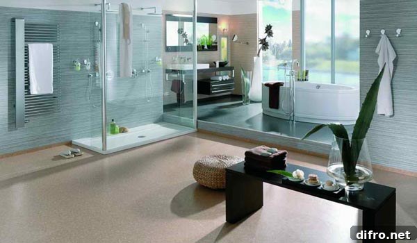 Spacious roman shower area with seating