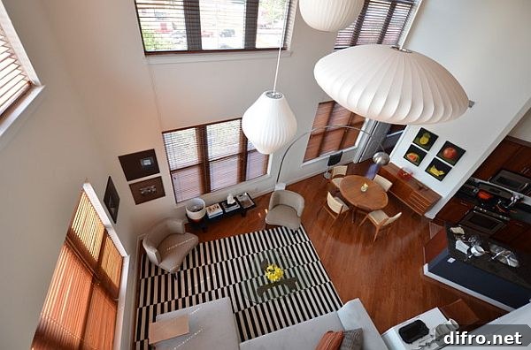 Pendant lamps in a modern open space living room