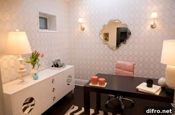 Modern space that brings in the Regency style with a fabulous mirror and striped carpet