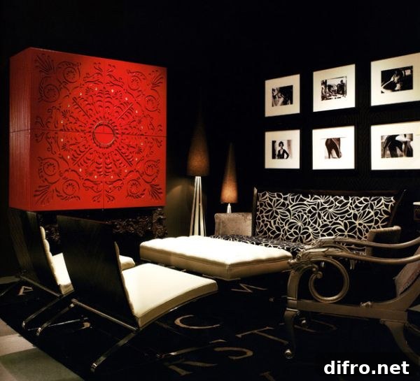 Asian inspired cabinet in red perfect for the black and white living room