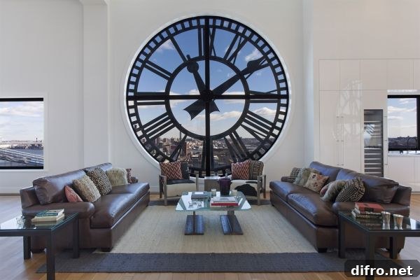 Awesome living room of the Clock Tower penthouse in Brooklyn