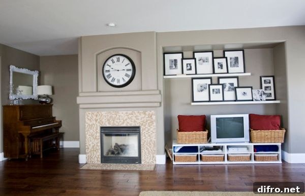 Framed family photos on the floating shelves complement the large wall clock