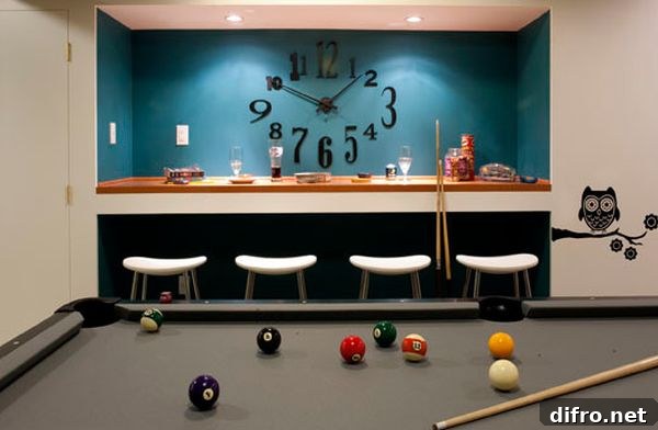 Smart recessed lighting highlights the large clock and colorful backdrop perfectly