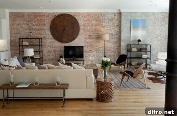 Brick wall and unique clock give this eclectic space a distinct appeal