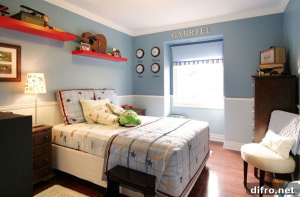 Kid's bedroom with beautifully arranged wall clocks