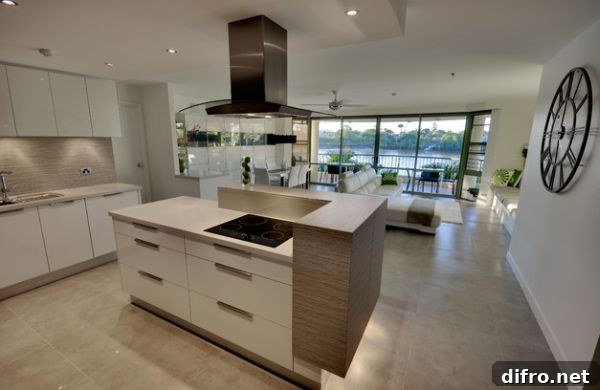 Stylish wall clock in the kitchen adds some much needed visual contrast
