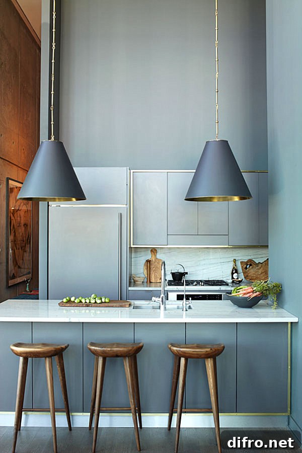 Sleek gray and gold kitchen