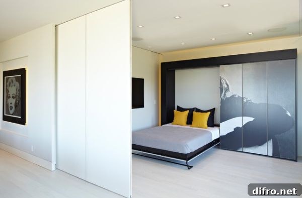 Morphs into a sleek and stylish bedroom thanks to the Murphy bed!