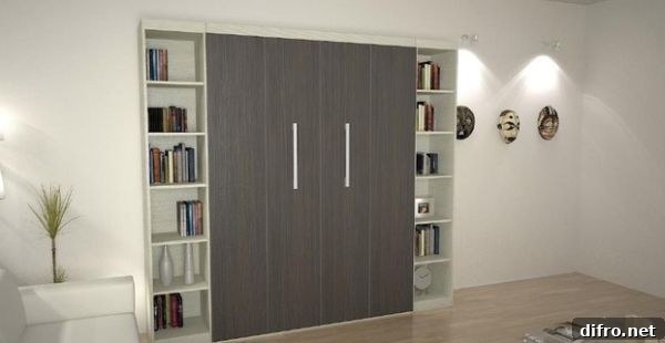 Contemporary bedroom with Murphy Bed flanked by bookshelves