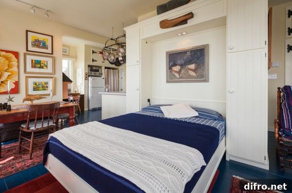 Cool cottage styled Murphy bed in blue and white