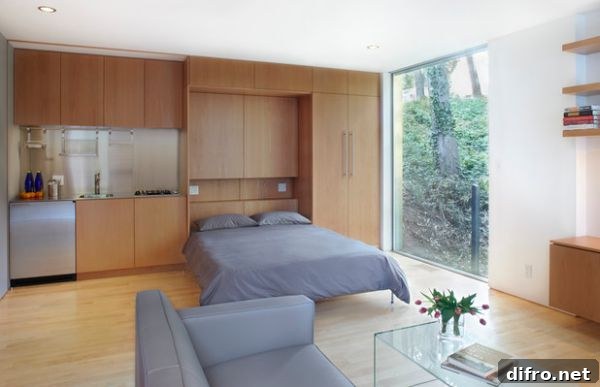 Ergonomic Murphy bed wall unit with an integrated kitchen