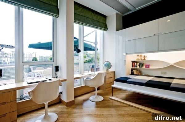 Beautiful shelves and lighting accentuate the appeal of the Murphy bed unit
