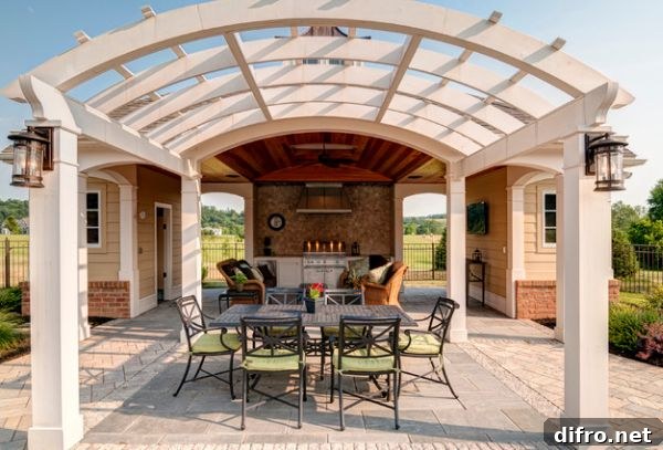 Curved pergolas offer geometric contrast to the facade of your home