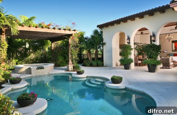 Custom designed pool and spa in the backyard