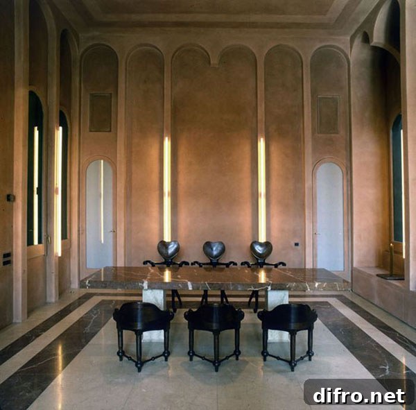 Light filtering through Romanesque windows and arches