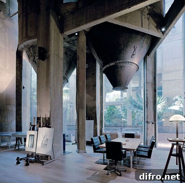 Spacious interior with natural light and exposed concrete