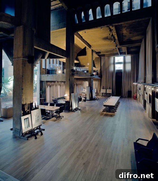 Interior with Romanesque arches and high ceilings in converted factory