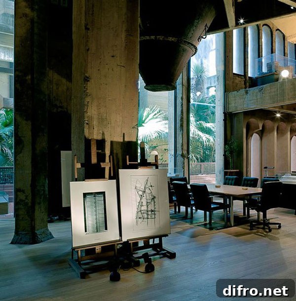 Suspended concrete mixer as dramatic interior feature