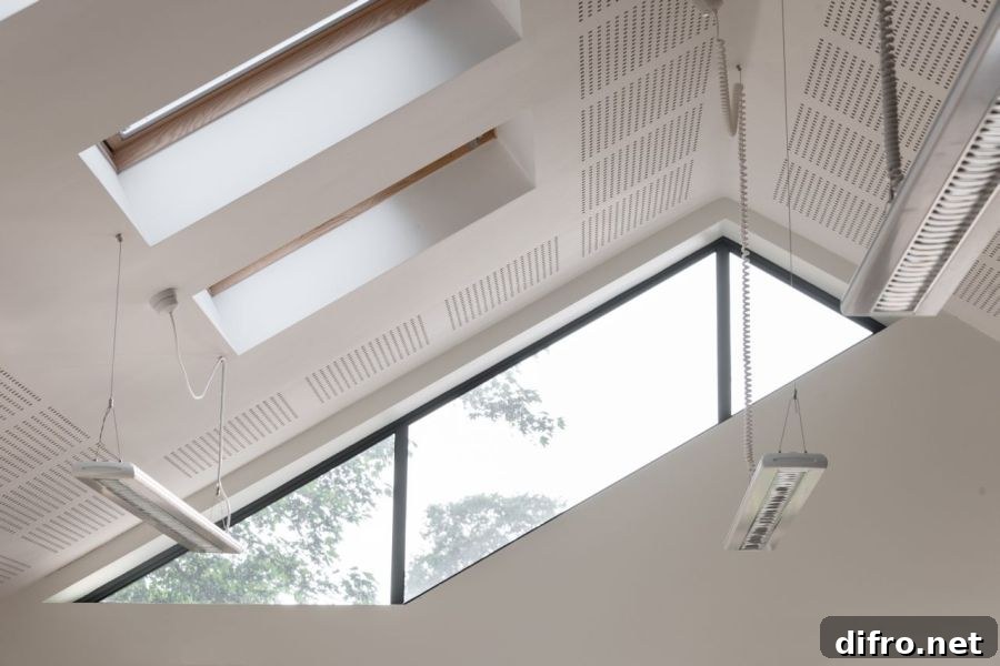 Natural light floods through the ceiling