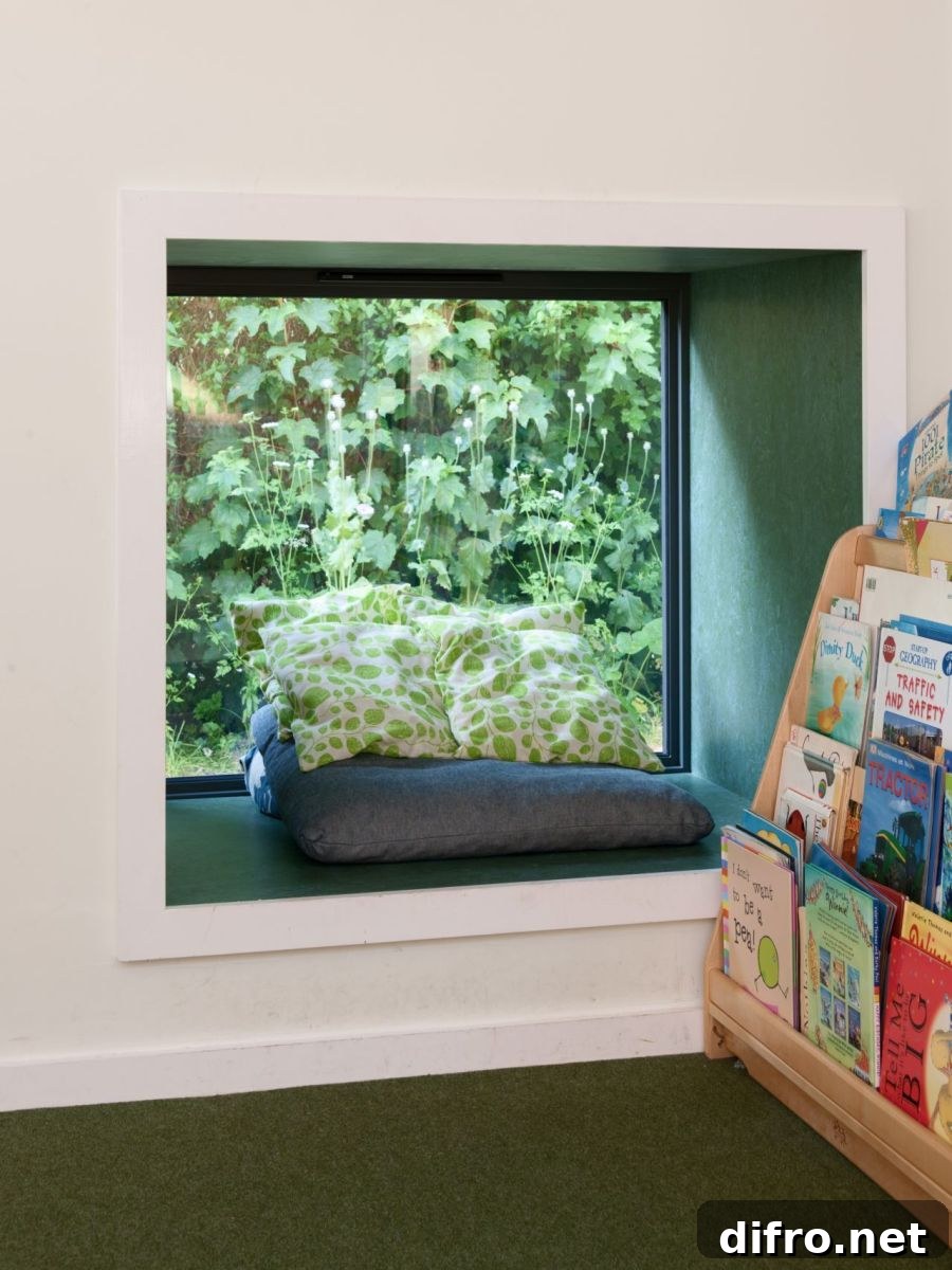 Window nook offers views of the green outdoor