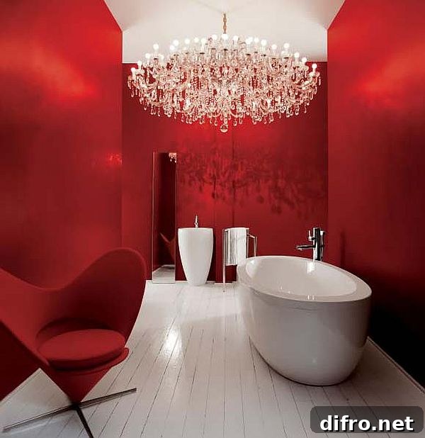 fancy red bath with chandelier