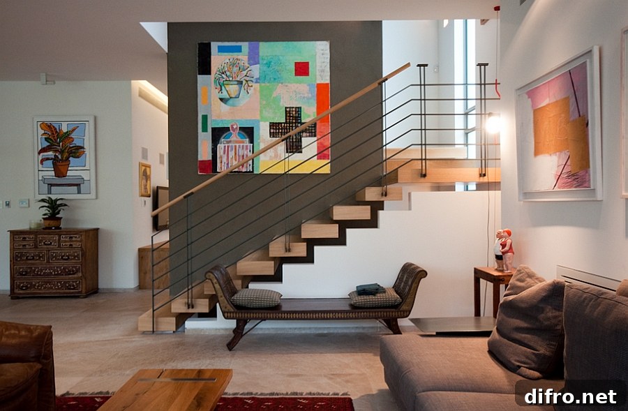Colorful wallart next to the staircase