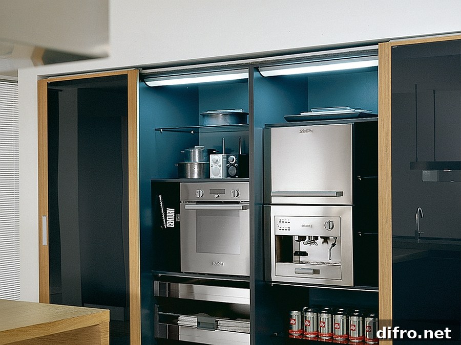 Modern kitchen appliances tucked inside cabinets