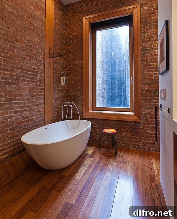 Exposed brick wall and warm wooden floor complement the modern bathtub elegantly