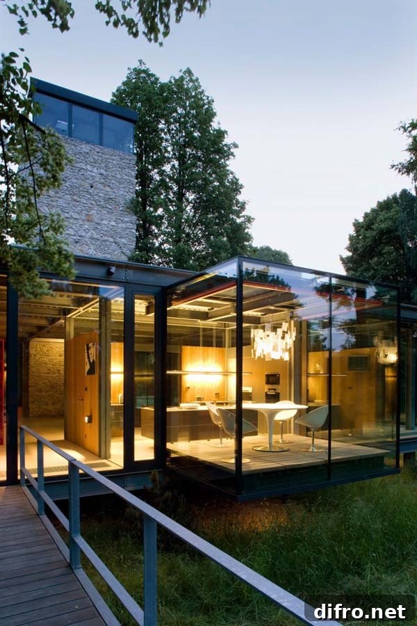 Modern steel framed addition to stone tower in Krakow, Poland