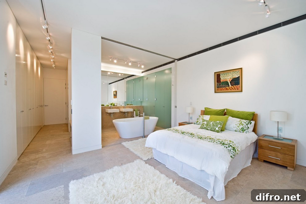 Modern bedroom bathtub behind a glass screen