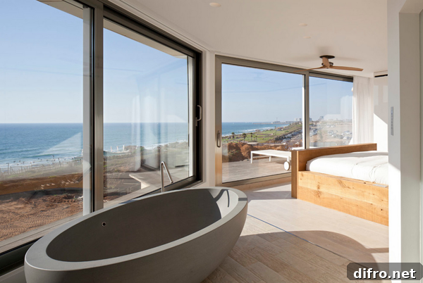 Modern bedroom bathroom with large window