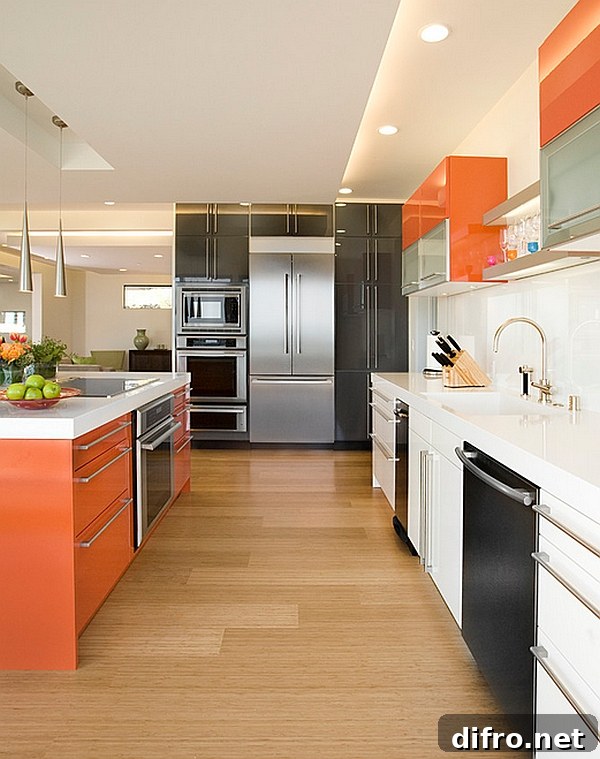 Kitchen cabinet color scheme that brings together orange, white and black