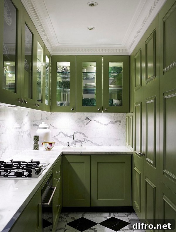 Small contemporary kitchen with trendy green cabinets