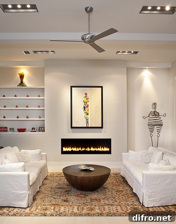 Unusual coffee table coupled with a sleek fireplace