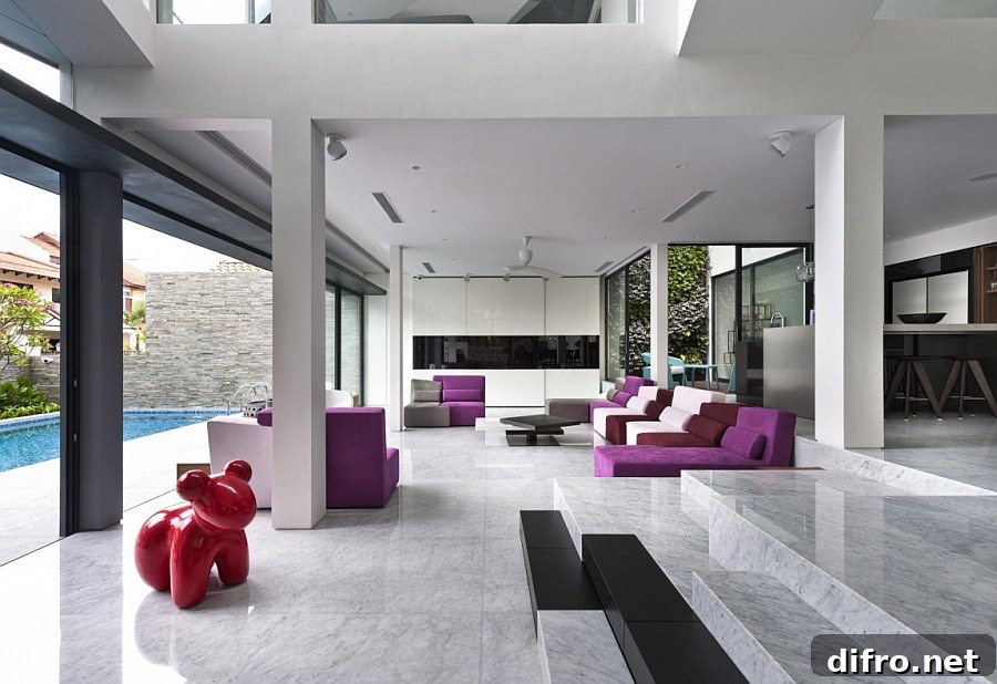 Plush purple accents in the living space