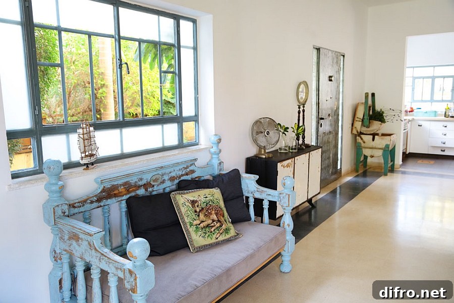Slavaged and second-hand decor items grace the interior